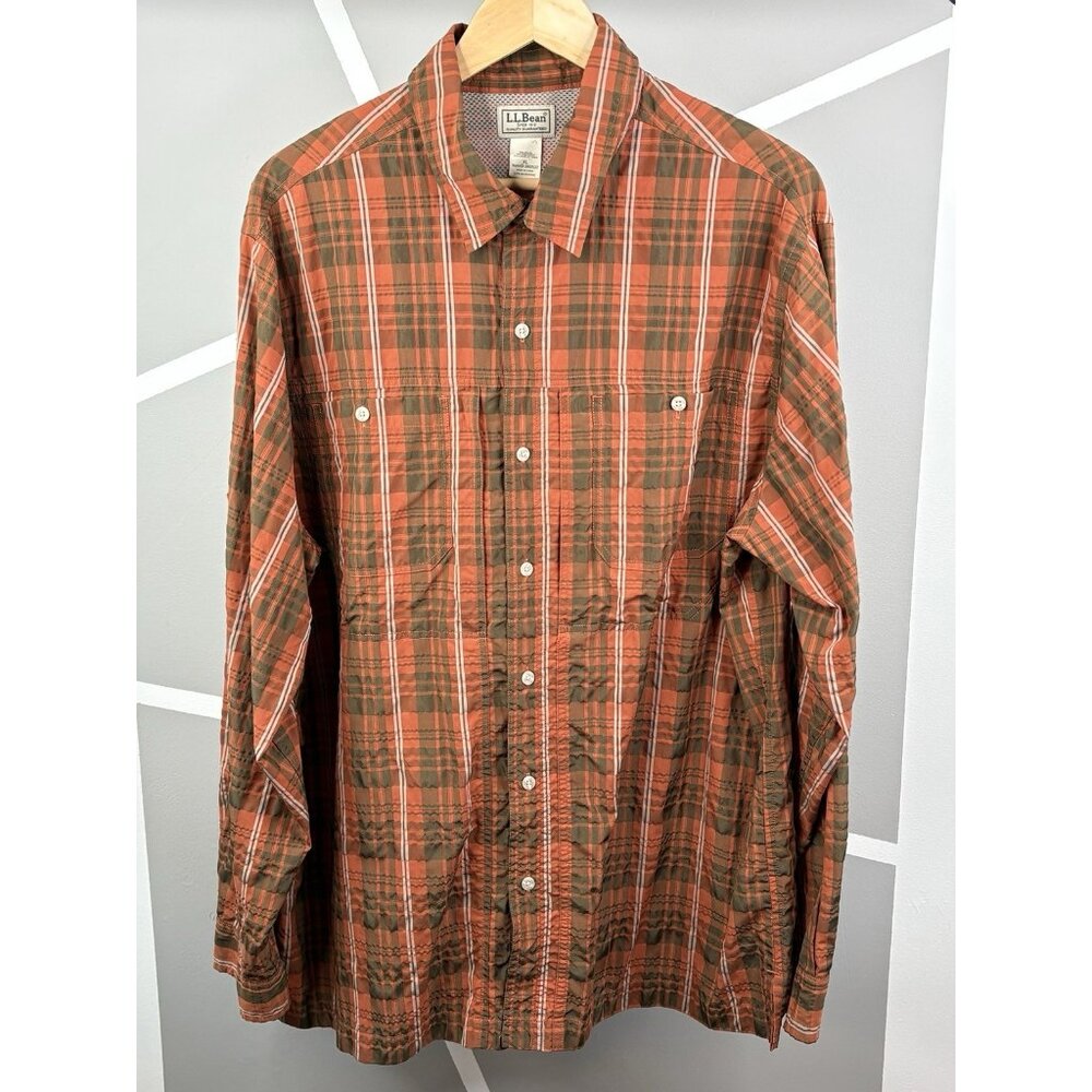 LL Bean Shirt Men XL Orange Plaid Pockets Roll Tab Fishing Camping Hiking